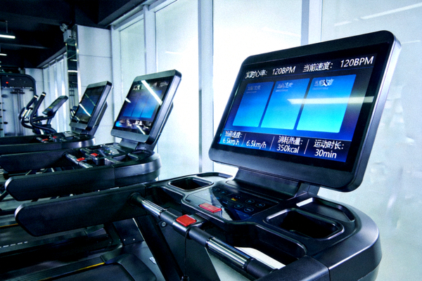 智能跑步机与健身设备，配备触摸屏显示实时数据
